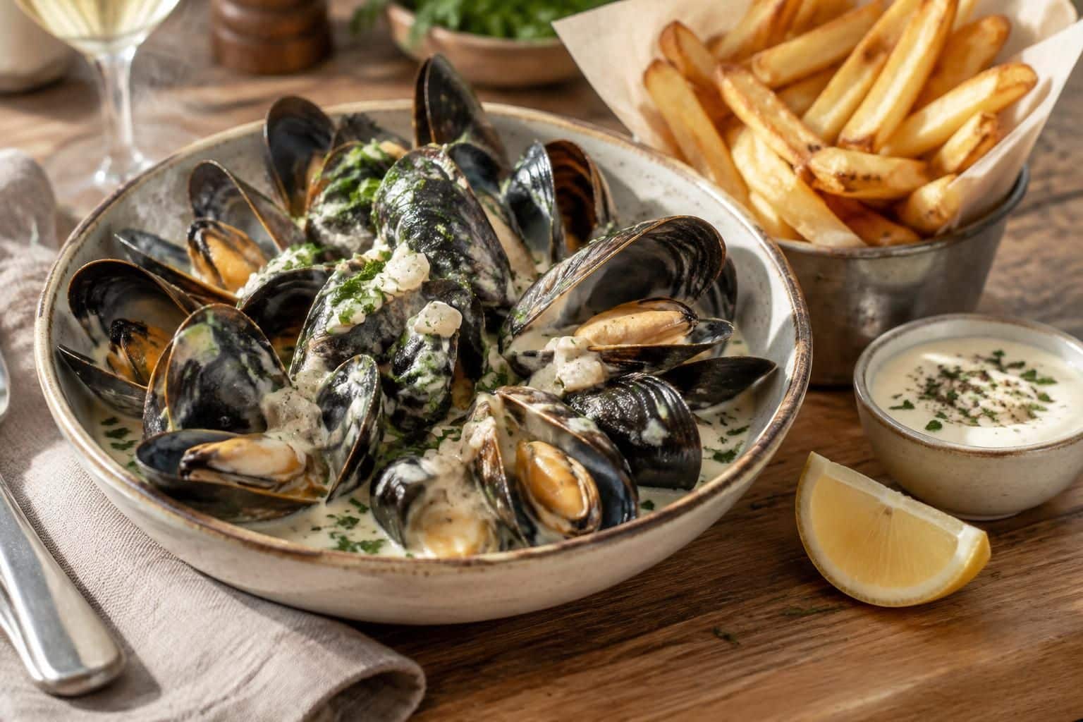 découvrez une recette facile et rapide de moules-frites à la crème : des moules savoureuses, une sauce onctueuse et des frites dorées.