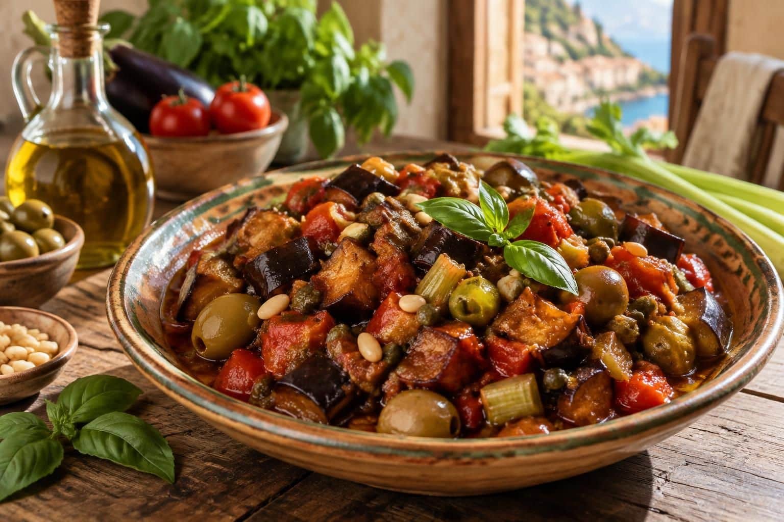 découvrez la caponata sicilienne de ma grand-mère, une recette traditionnelle aux aubergines, tomates, olives et câpres, pleine de saveurs ensoleillées.