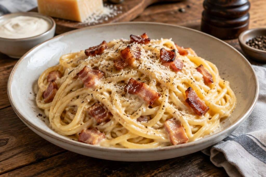 découvrez une recette facile de pâtes à la carbonara avec crème fraîche : un plat crémeux, savoureux et rapide à préparer pour toute la famille.
