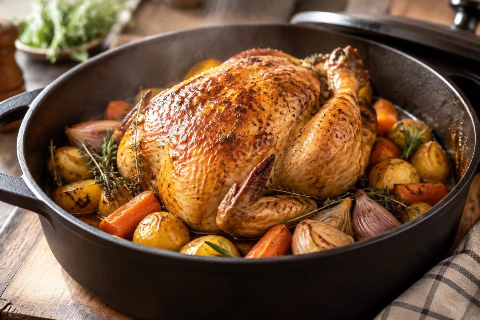 découvrez une poularde en cocotte au four, tendre et savoureuse, avec des étapes simples et des conseils de cuisson pour une chair moelleuse.